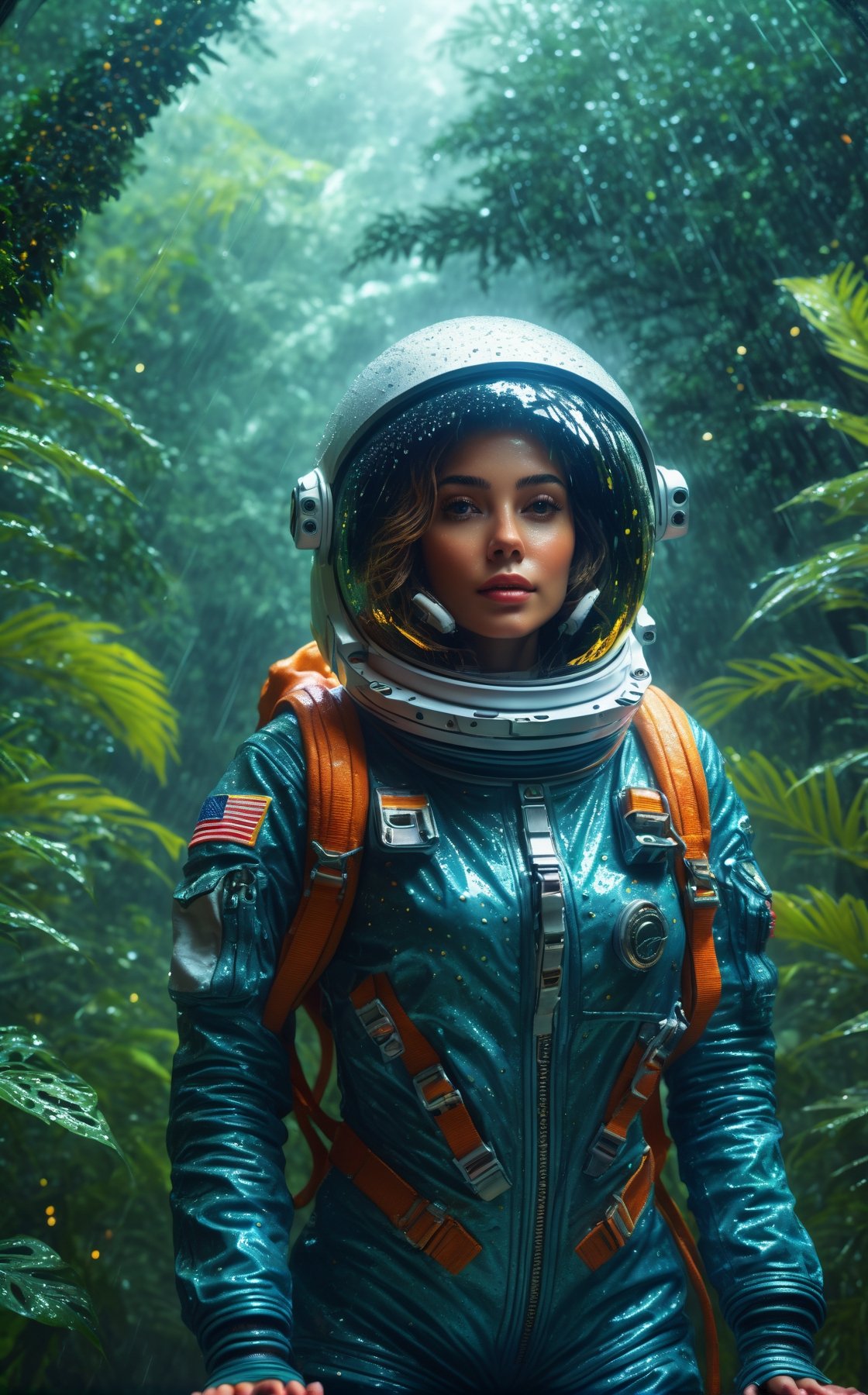 A astronaut girl in a rainy of jungles, masterpiece, ultra high quality, ultra high resolution, ultra realistic, full body, alone, quiet, Tress, plants, wet Tress, fog, water dropped on glass helmet, rainy day, vivid color, dramatic colors, aesthetic lightening, sparkles, detailed background, 8k