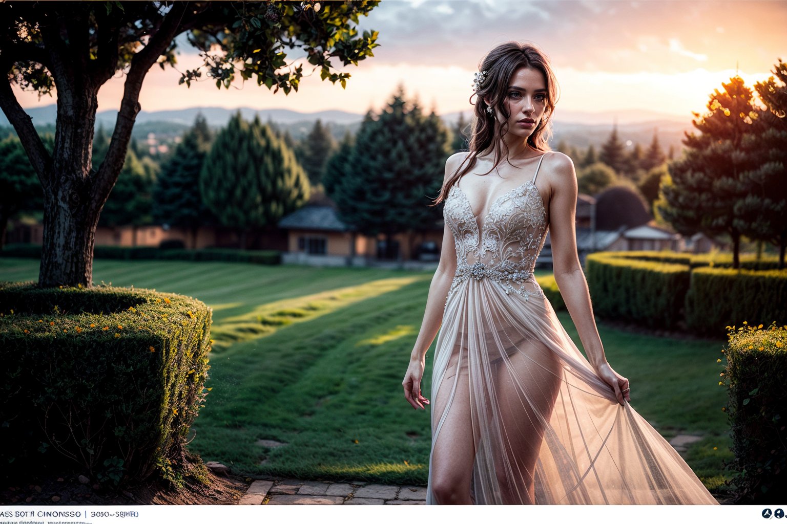 (masterpiece), (realistic),  the most beautiful in the world, (long pink dress), with flowers, many flowers, dreamy, full body, full shot, forest, landscape ,intense sunlight, far away forest, professional photograph of a stunning woman detailed, sharp focus, dramatic, award winning, cinematic lighting, octane render  unreal engine,  volumetrics dtx, (film grain, blurry background, blurry foreground, bokeh, depth of field, sunset, motion blur:1.3), chainmail,LONG WEDDING_DRESS,lightning farron,Detailedface,4nya