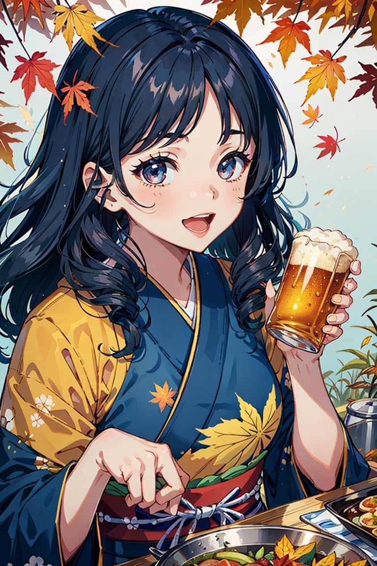 very_high_resolution, best quality , intricate details, (five fingers), 1 girl, black hair, (long curly hair style), blue color japanese traditional kimono,
, cute curvy
body,happy,open mouth:1.4,portrait.autumn,autumn_leaves,eating dinner,beer
