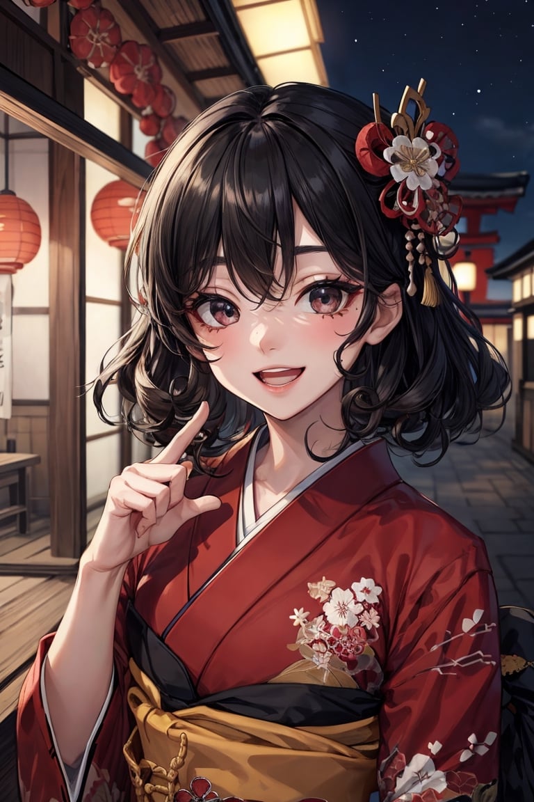 best quality, intricate details, 1 girl, black hair, thick eyeblow:1.3,dark blown eye_shadow,curly eyelash:1.5,glowing blown eyeliner,short curly hair, ((black color japanese traditional kimono)), ((embroidered on kimono)),
happy_smile_face,open mouth:1.4,
autumn,night,seiza,