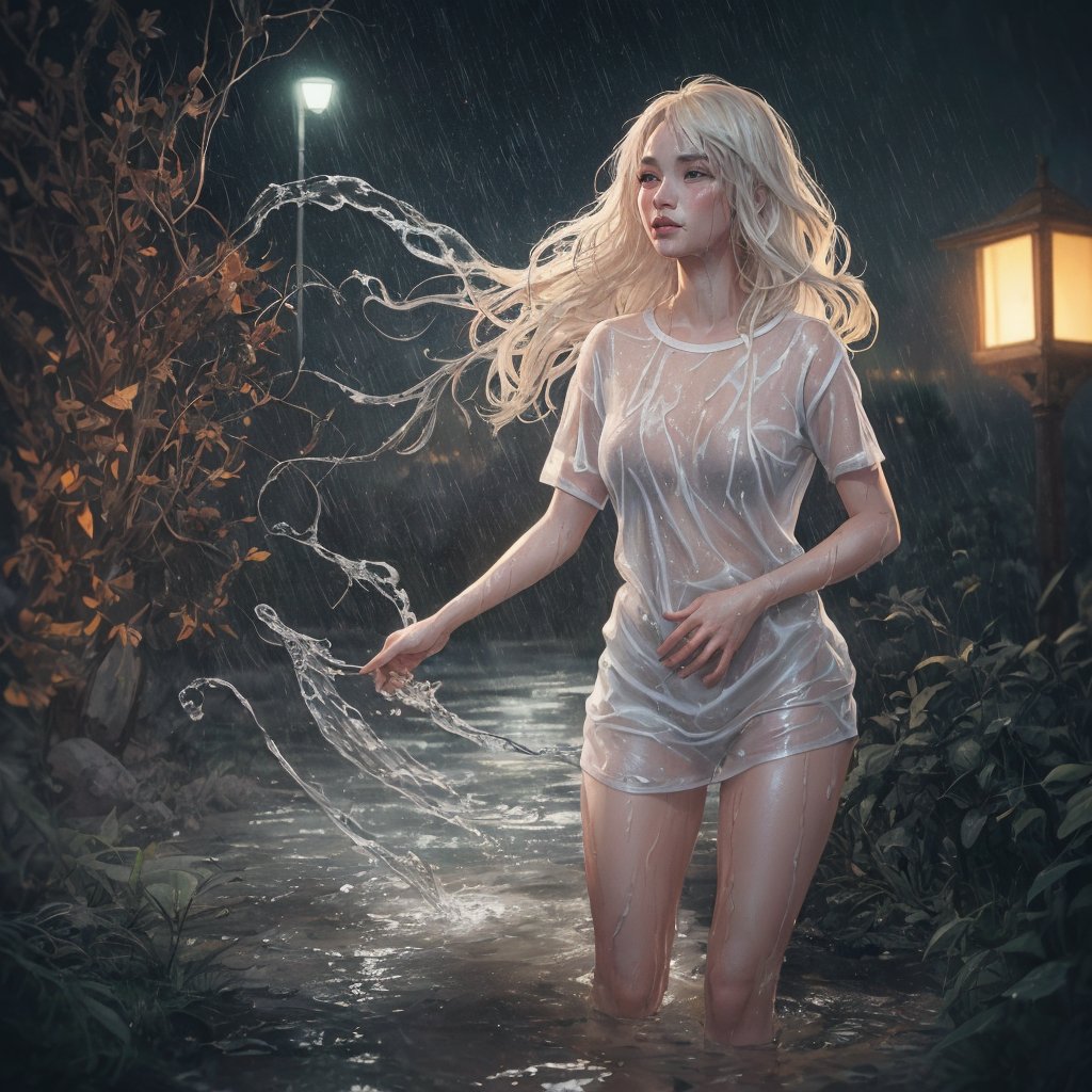 a young cute girl, with platinum blond hair, glamour, wearing a wet see-through white T-shirt, wet skin, Wet hair, night sky, rain, hyperdetailed painting, luminism, art by Carne Griffiths and Wadim Kashin concept art, 4k resolution, fractal isometrics details bioluminescent, 3d render, octane render, intricately detailed, cinematic, trending on art station Isometric Centered hyperrealistic cover photo awesome full color, hand drawn, gritty, realistic mucha, intricate, hit definition, cinematic, Rough sketch, bold lines, on paper