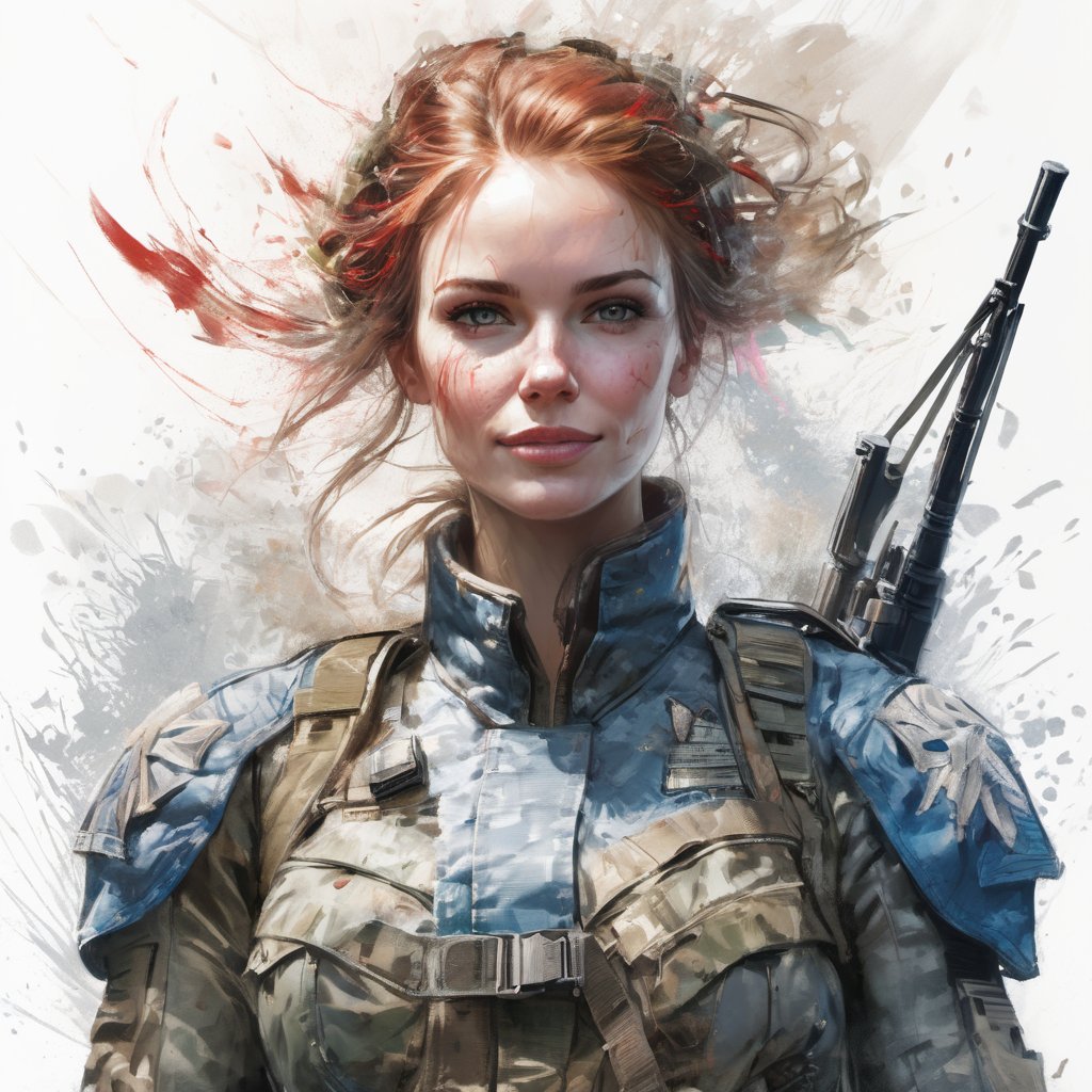 digital illustration of female american revolutions war  soldier, masterpiece, smile, comic style, pale  skin, perfect anatomy, centered, approaching perfection, dynamic, highly detailed, artstation, concept art, smooth, sharp focus, illustration, art by Carne Griffiths and Wadim Kashin,
rule of thirds, expressive impossible pose, 