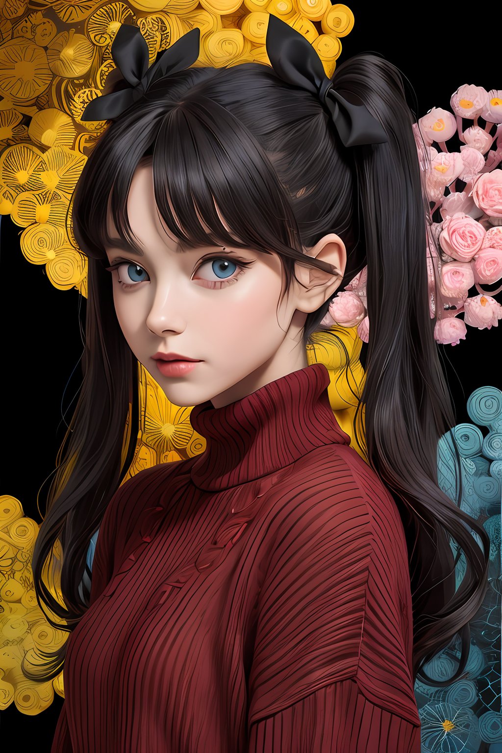 1girl, tohsaka rin, solo, long hair, sweater, red sweater, looking at viewer, (abstract background:1.3), (colorful:1.3), (flowers:1.2), (zentangle:1.2), (fractal art:1.1), black hair, two side up, turtleneck, blue eyes, lips, closed mouth, ribbon, hair ribbon, bangs, turtleneck sweater, upper body, parted bangs, black ribbon, ribbed sweater, twintails, nose,