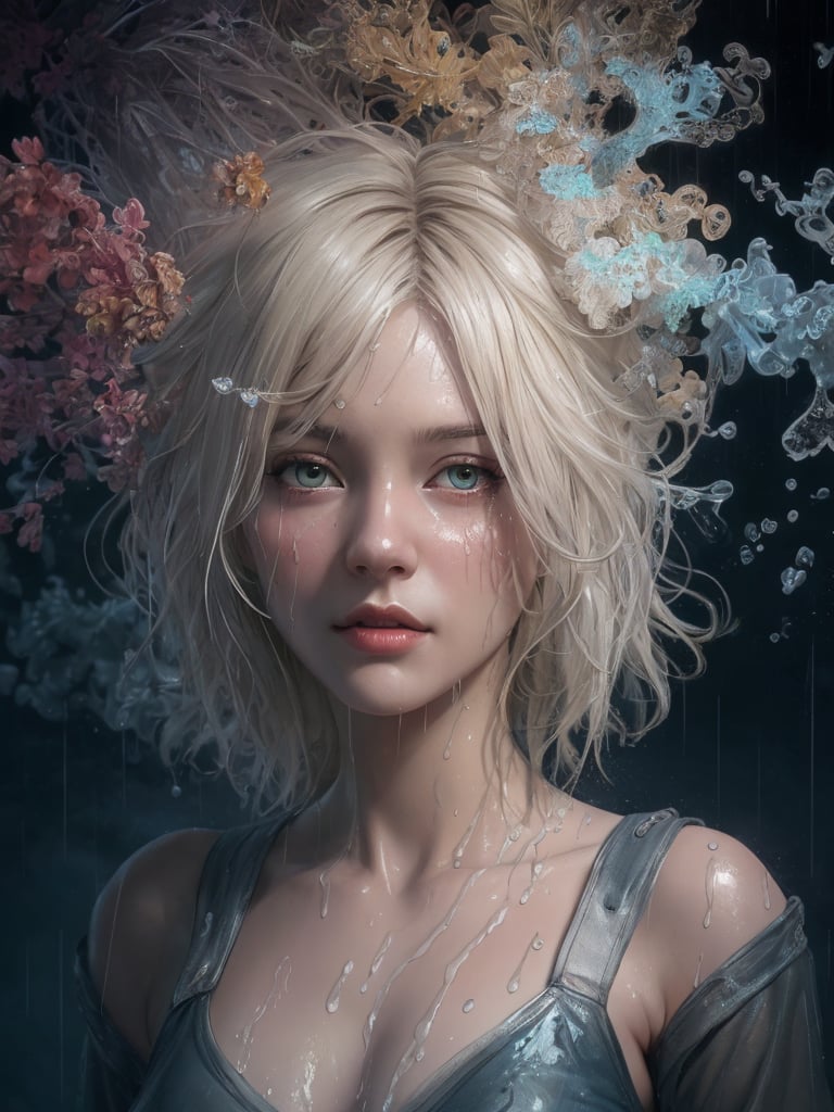 a young cute girl, with platinum blond hair, glamour, wearing a wet see-through white T-shirt, wet skin, Wet hair, night sky, rain, hyperdetailed painting, luminism, art by Carne Griffiths and Wadim Kashin concept art, 4k resolution, fractal isometrics details bioluminescent, 3d render, octane render, intricately detailed, cinematic, trending on art station Isometric Centered hyperrealistic cover photo awesome full color, hand drawn, gritty, realistic mucha, intricate, hit definition, cinematic, Rough sketch, bold lines, on paper