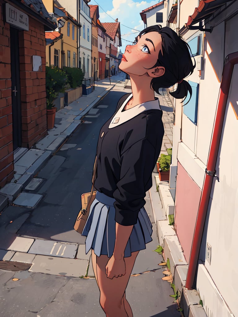 1female, black hair, short_hair, blue eyes,hair_style, different style hair, SAM YANG, short skirt, highres, european street, looking up, low angle