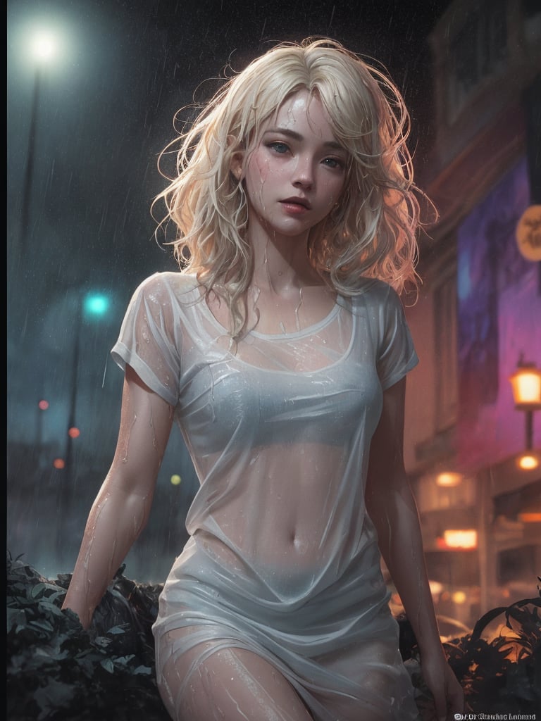 a young cute girl, with platinum blond hair, glamour, wearing a wet see-through white T-shirt, wet skin, Wet hair, night sky, rain, hyperdetailed painting, luminism, art by Carne Griffiths and Wadim Kashin concept art, 4k resolution, fractal isometrics details bioluminescent, 3d render, octane render, intricately detailed, cinematic, trending on art station Isometric Centered hyperrealistic cover photo awesome full color, hand drawn, gritty, realistic mucha, intricate, hit definition, cinematic, Rough sketch, bold lines, on paper