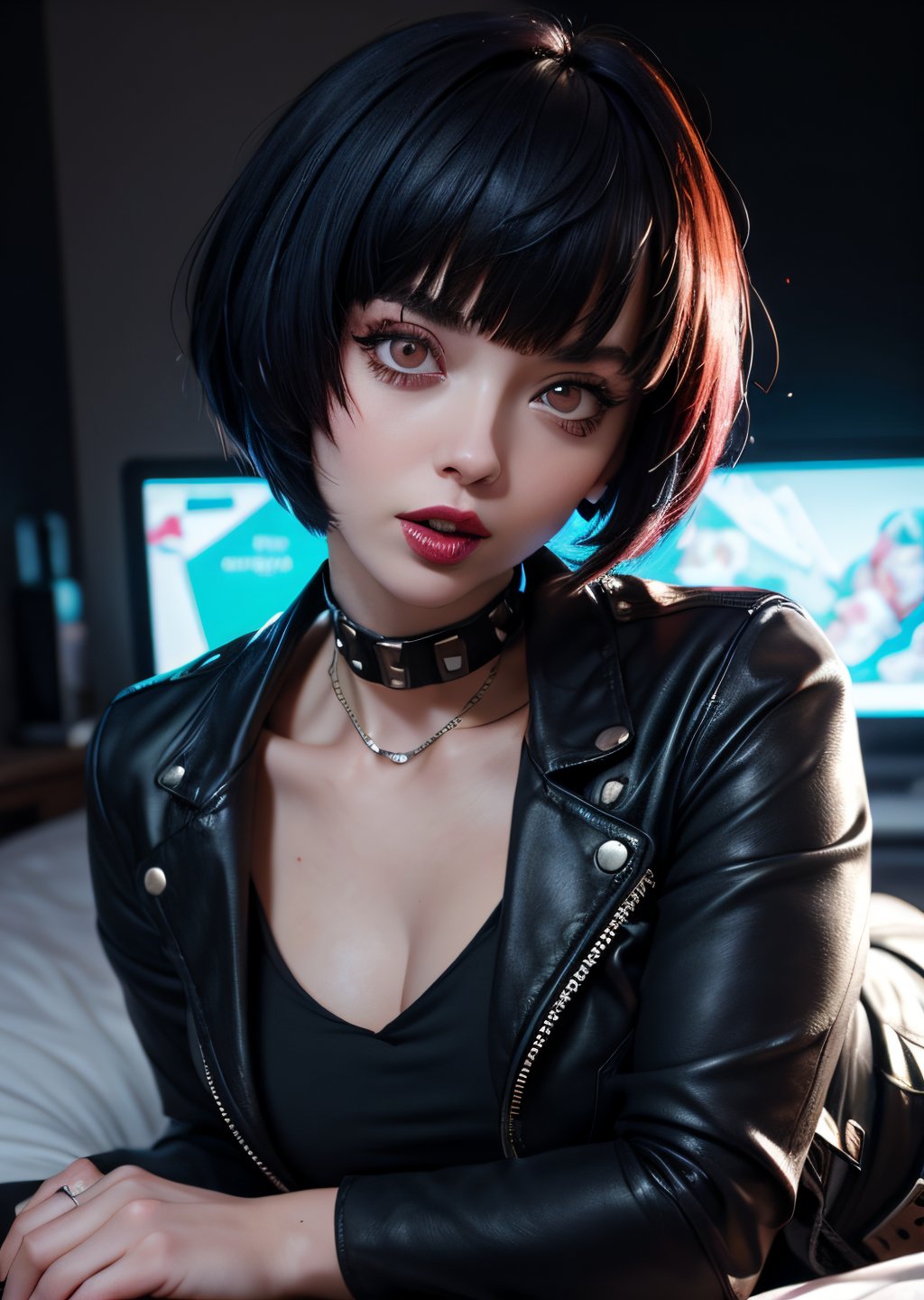 masterpiece, best quality, (detailed background), (beautiful detailed face, beautiful detailed eyes), absurdres, highres, ultra detailed, masterpiece, best quality, detailed eyes, upper body, 1_girl, cyberpunk scene, Tae Takemi, Persona 5 game, blue dark hair, pink lips, punkrock clothes, neck bone, messy bob cut, blunt bangs, brown eyes, red nails polish, short blue dress, black ripped leggings, short black jacket, red grommet belt, choker, midnight, at a bedroom background, sexy pose, erotic pose, alluring pose, mouth open, kinky pose, close-fitting clothing, arms_folded, crossed_legs_(lying), stripping, laying_down, bend_over