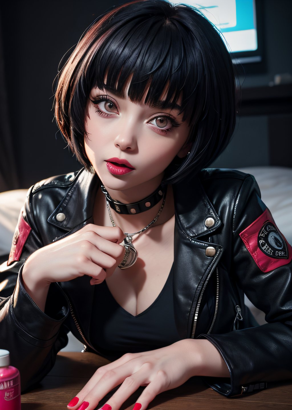 masterpiece, best quality, (detailed background), (beautiful detailed face, beautiful detailed eyes), absurdres, highres, ultra detailed, masterpiece, best quality, detailed eyes, upper body, 1_girl, cyberpunk scene, Tae Takemi, Persona 5 game, blue dark hair, pink lips, punkrock clothes, neck bone, messy bob cut, blunt bangs, brown eyes, red nails polish, short blue dress, black ripped leggings, short black jacket, red grommet belt, choker, midnight, at a bedroom background, sexy pose, erotic pose, alluring pose, mouth open, kinky pose, close-fitting clothing, arms_folded, crossed_legs_(lying), stripping, laying_down, bend_over