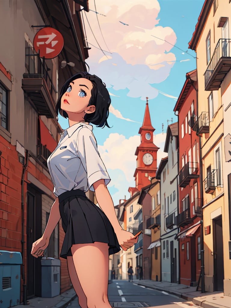 1female, black hair, short_hair, blue eyes,hair_style, different style hair, SAM YANG, short skirt, highres, european street, looking up, low angle