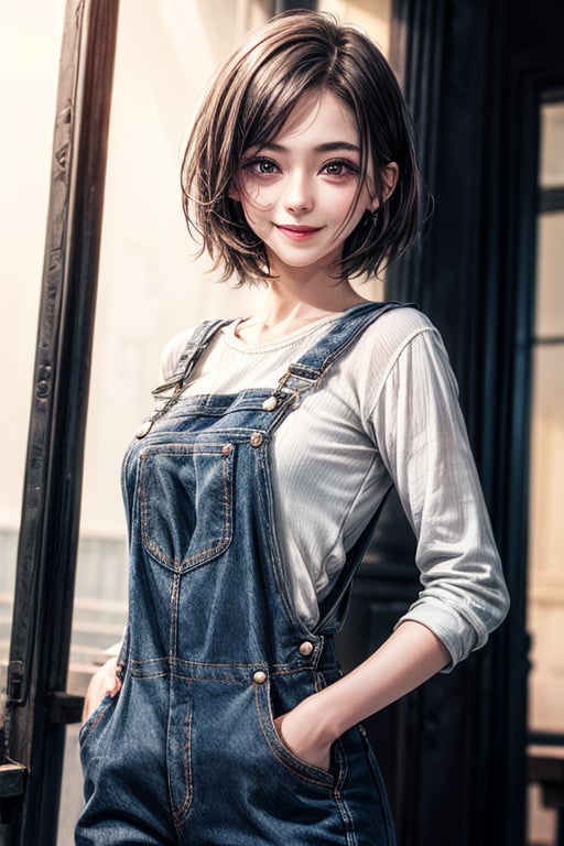 1girl,cute,26 yrs old,short hairs,wearing dungaree,smiling,casual dress,upper body,most beautiful girl,white,one hand in pocket,3d,8k,highly detailed,best quality,high resolution,masterpiece,studio lighting,plain background,studio,cute face,detailed face