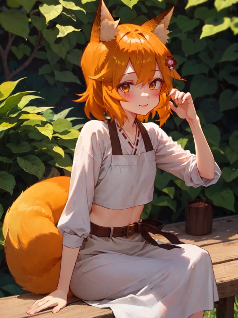 masterpiece, best quality, highly detailed, sen, animal ears, fox ears, smile, full body, from behind, sitting, fox girl, fox tail, hair flower, hair ornament, orange eyes, orange hair, short hair, tail, blush, looking at viewer, petite, girl, upper body,sen, animal ears, fox ears, fox girl, fox tail from coccyx, hair flower, hair ornament, orange eyes, orange hair, short hair, tail, outdoors, small breasts, midriff, detailed hands