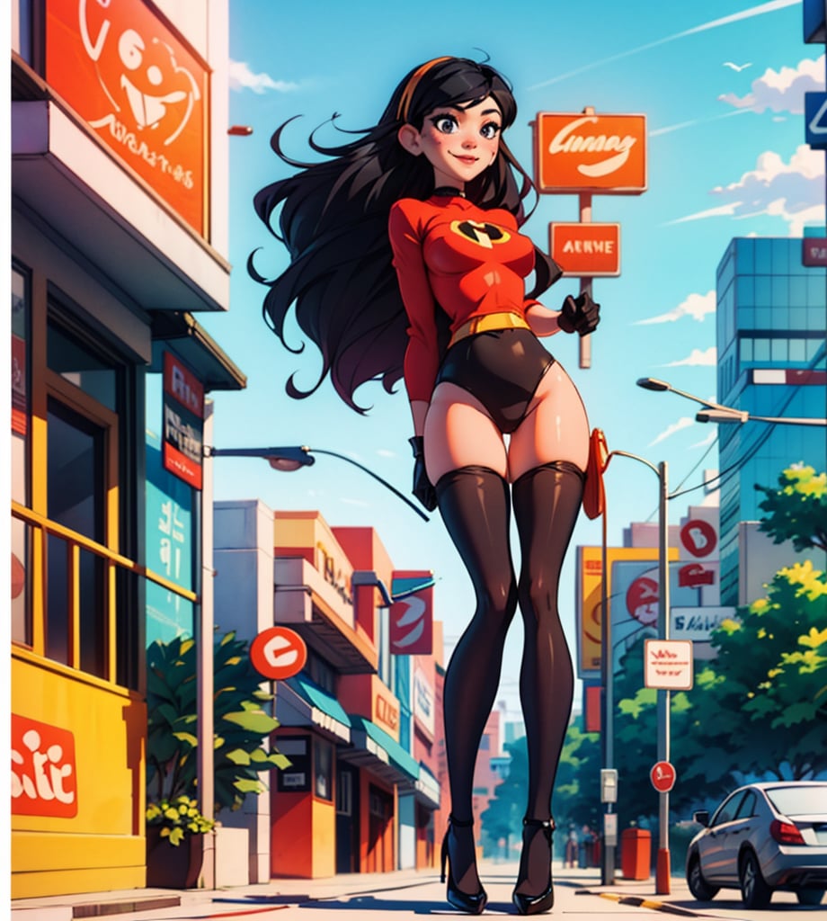  (windy background), 1woman, smile, long black hair, past-the-weste, beautiful breasts, stockings, sonny, city, pantyhose, high heels, black tights, black_gloves, sexy, bunny girl, full body, violetparr,