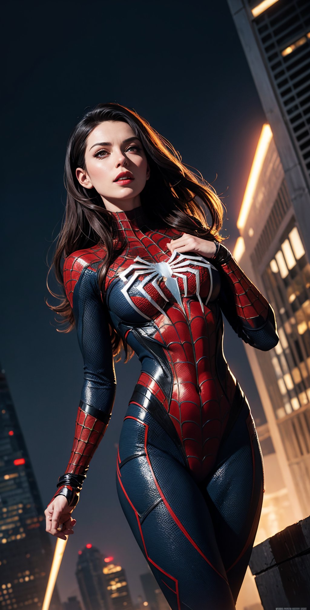 dxhr style mid shot of spiderman, female costume with faceted triangular fractal pattern yellow accents, sleek scifi armor, spider-man knight Armor, Monica belluci, long hair