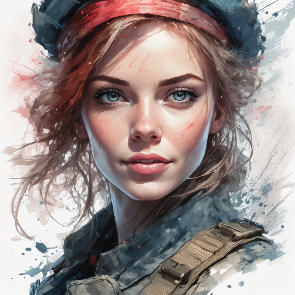 digital illustration of female american revolutions war  soldier, masterpiece, smile, comic style, pale  skin, perfect anatomy, centered, approaching perfection, dynamic, highly detailed, artstation, concept art, smooth, sharp focus, illustration, art by Carne Griffiths and Wadim Kashin,
rule of thirds, expressive impossible pose, 