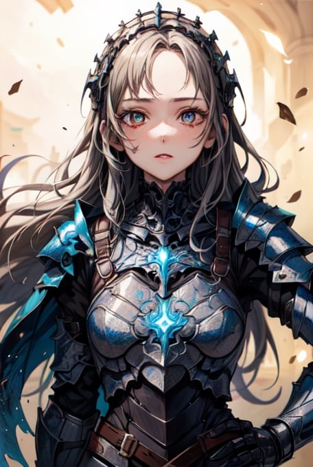 masterpiece, high quality, extremely detailed, (1girl, looking at viewer), anime style , anime art, beautiful anime girl, metal armor (knight armor), intricate filigree, blue metalic parts, detailed part, dynamic pose, detailed background, dynamic lighting, fractal art, sole_female,