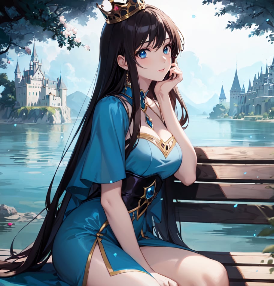 1girl, 16k, hd, detailed, futuristic, masterpiece, detailed face, complex_background, no_humans, detailed face, beautiful detailed eyes), High contrast, (best illumination, an extremely delicate and beautiful), glow, light particles,
a woman in a blue dress sitting on a bench near a lake, cute anime waifu in a nice dress, beautiful alluring anime woman, ((a beautiful fantasy empress)), beautiful anime woman, beautiful anime girl, beautiful character painting, anime goddess, a beautiful fantasy empress, seductive anime girl, extremely detailed artgerm, beautiful fantasy anime, attractive anime girl, long dark hair, distant castle, fantasy. outdoor
