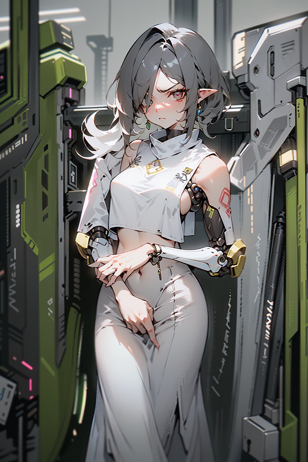 grey_hair, elf, brown skin, (mechanical_arms), cyborg girl, nilou oufit, assasin expression,
indiferent face, hair over one eye, 
masterpiece, detailed, high quality, absurd, night, medium breasts, ambar eyes, angry face ,nilou_genshin,niloudef, Armor,