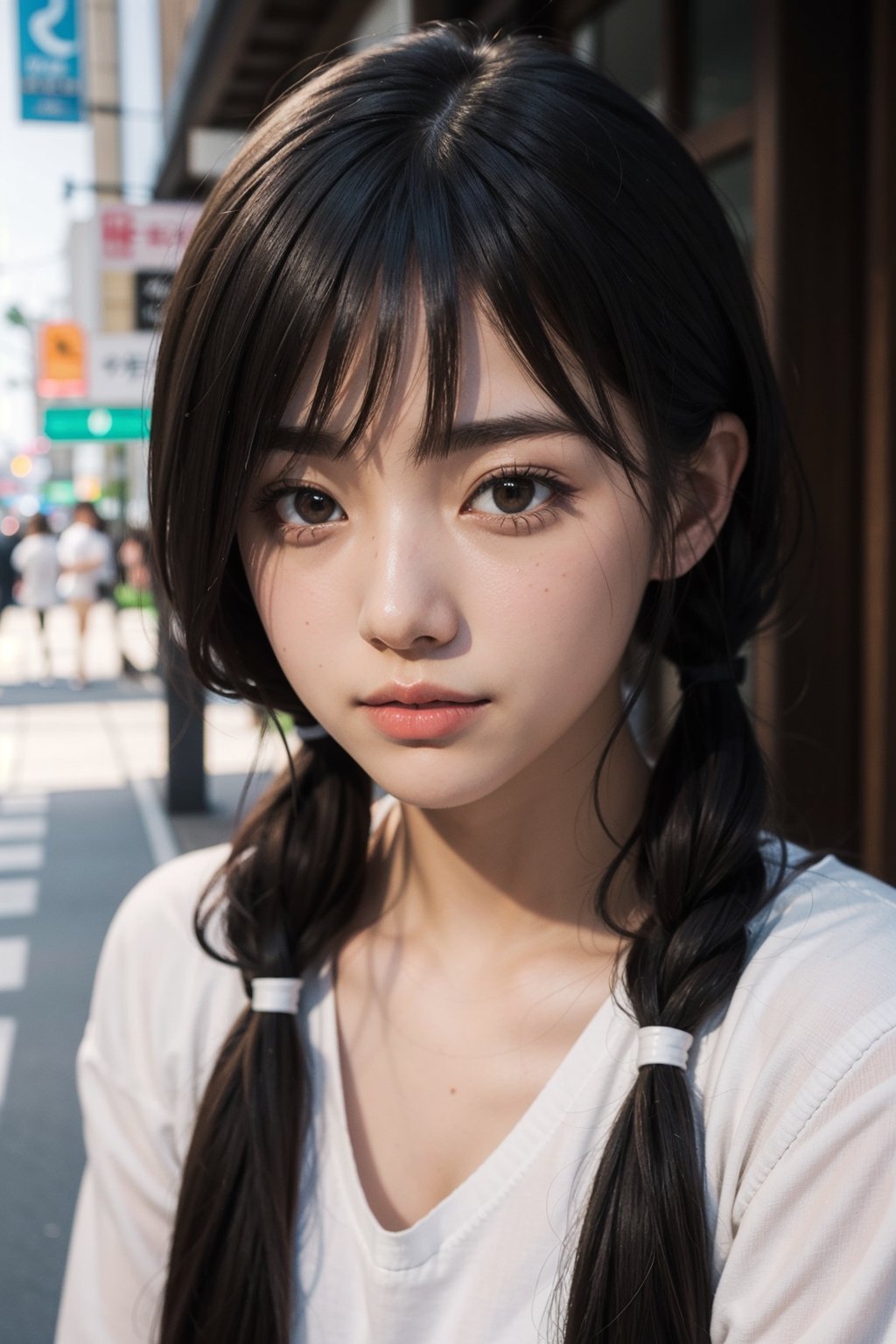 face portrait, RAW photography, (masterpiece), detailed background, perfect lighting, 1girl, long hairstyle, bangs, medium breasts, twintails, brown eyes, tokyo city,