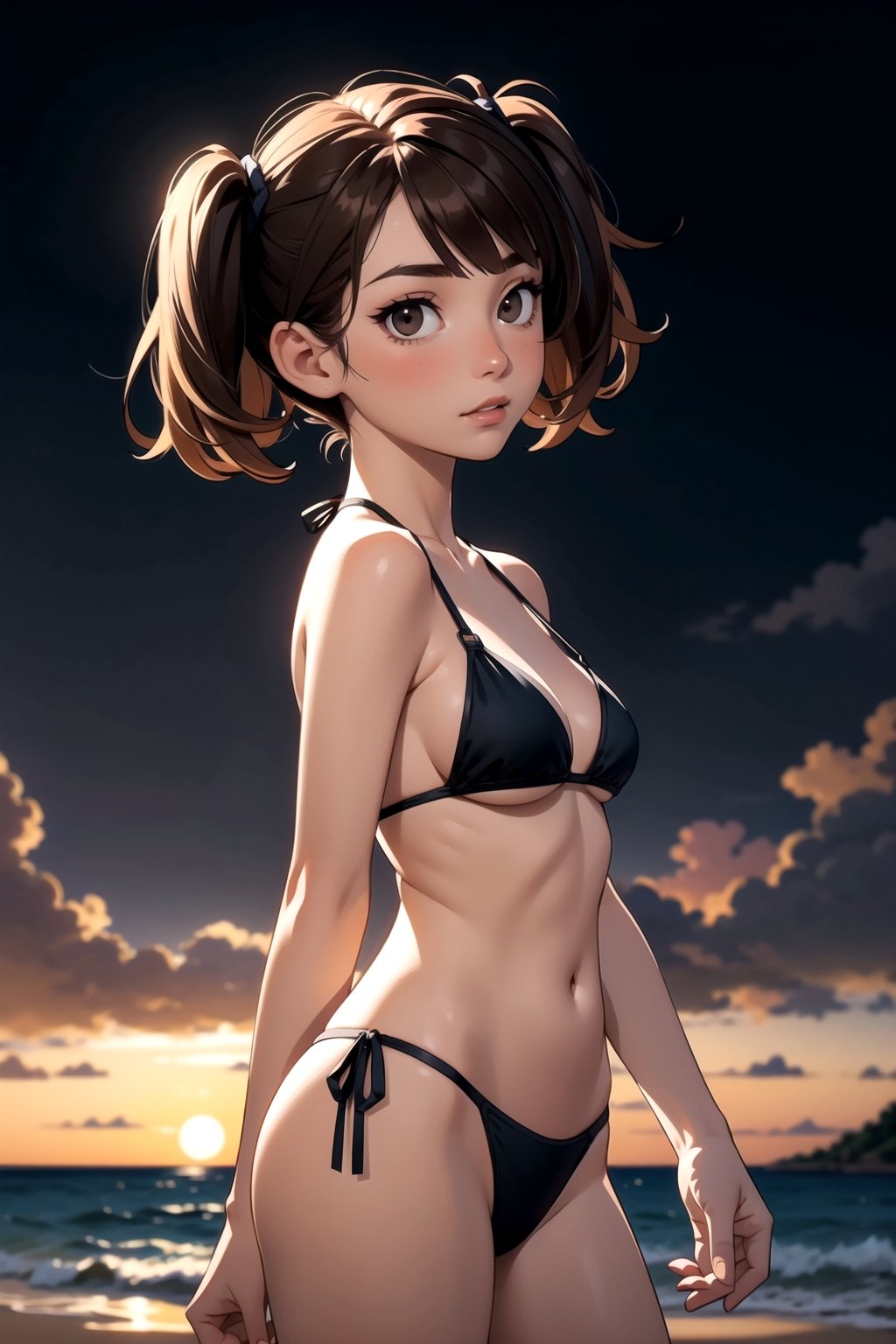 cowboy shot, face portrait, RAW photography, (masterpiece), detailed background, perfect lighting, 1girl, black bikini, night time, brown hair, very short hairstyle, medium breasts, twintails hairstyle, light brown eyes, beach, island,