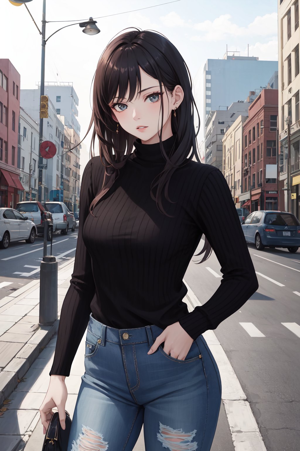 RAW photo, masterpiece, photorealistic, (cowboy shot), 1girl, gorgeous 20yo woman, elegan model, perfect slender body, medium breast, messy black hair, wearing black turtle neck tight sweater, ripped jeans, sneaker, posing for picture, outdoor, busy sidewalk, elegant photoshoot,