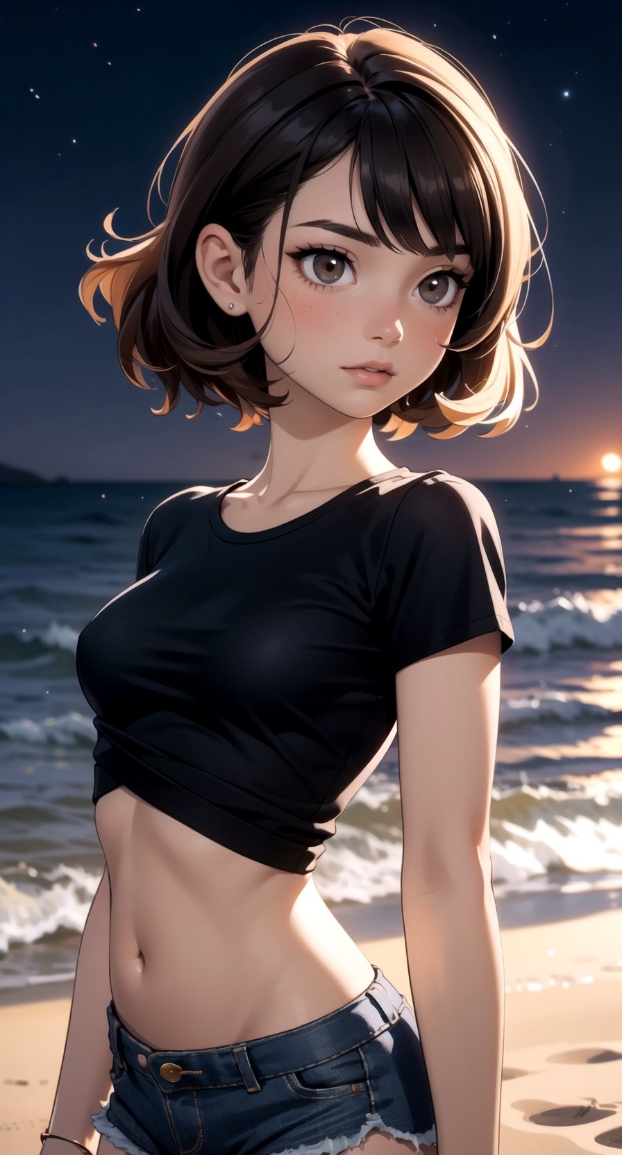 cowboy shot, upper body portrait, digital art, (masterpiece), detailed background, perfect lighting, 1girl, black tshirt navel length, midriff, navel, shorts, (night time), night, medium hairstyle, medium breasts, wavy short hairstyle, brown eyes, beach, island,