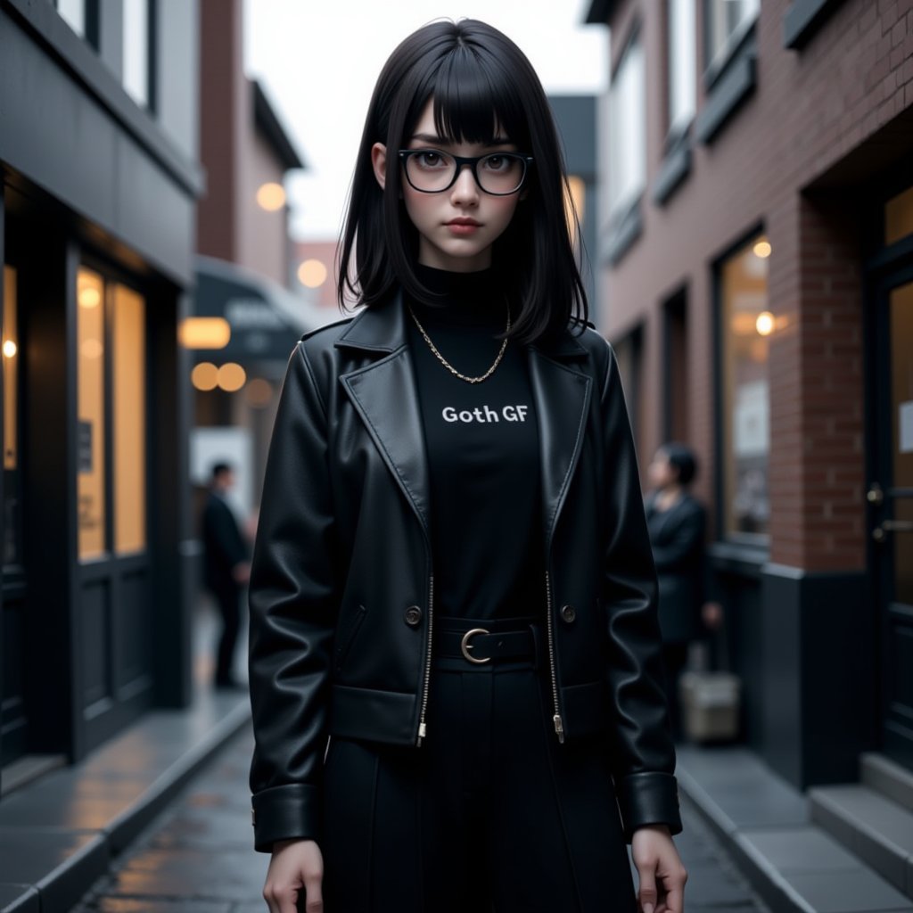 digital render of a woman standing, she have straight hair, pale skin tone and she is wearing formal black long shirt under a black leather jacket, (have the text writed "Goth GF" on his shirt), black framed eyeglasses, goth make up, standing in front a big building, city, urban, alley, bokeh, depth of field, astroflux_v101