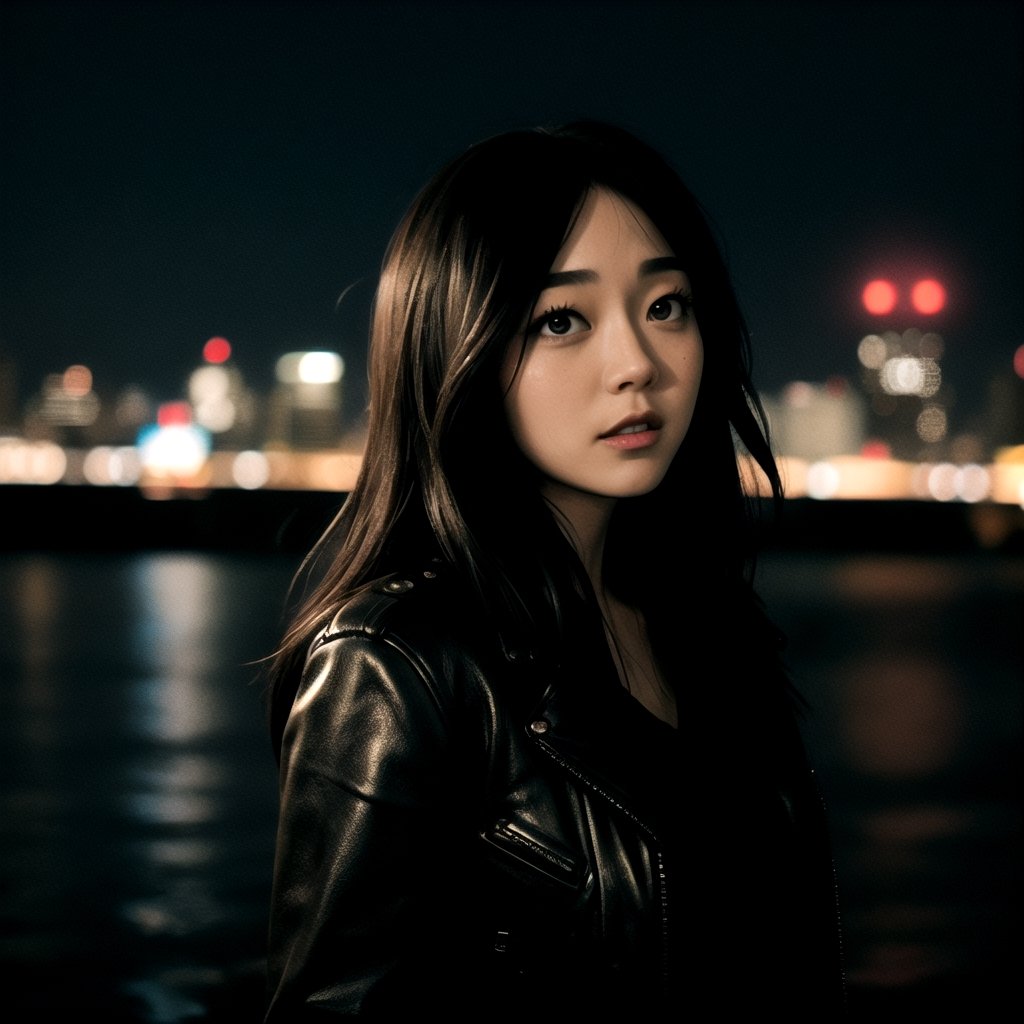 centered, photorealistic, analog photography, photography, upper body, upper body portrait, standing, (detailed face), (beautiful detailed eyes:1.2), | solo, woman, black open leather jacket, tight jeans, | city, urban scenery, night time, | bokeh, depht of field, | hyperealistic shadows, smooth detailed, blurred background | ,kimikomiyav01