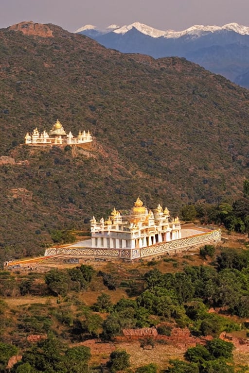 birds eye view of a large stone Indian temple, year 1780AD, huge mountain on the background, divine look, dynamic lighting, sharp focus on the top of the temple