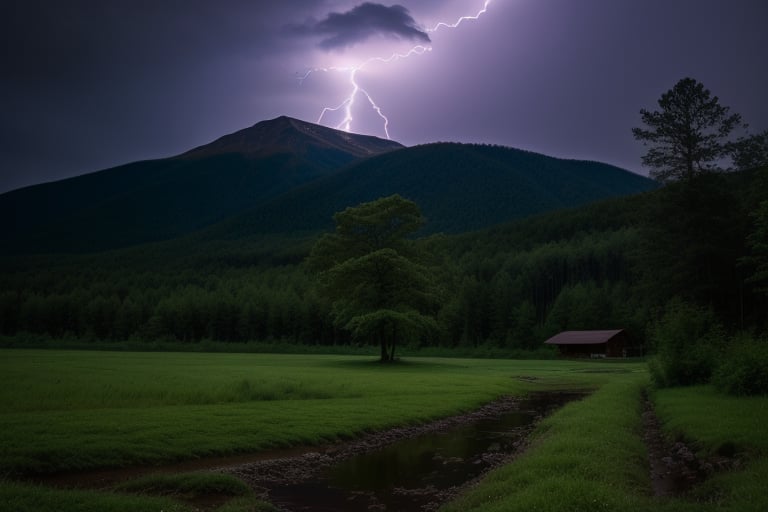 forest, heavy rain, lightning effect, evening, mountain in background, camera angle from ground level