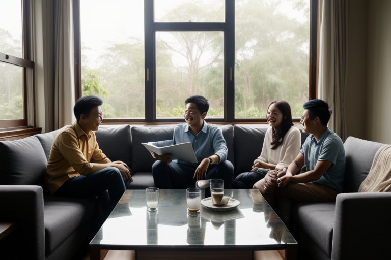 a group of people sitting on top of a couch, inspired by Rudy Siswanto, modern attire, in meeting together, playful vibe, near large glass window, raining outside