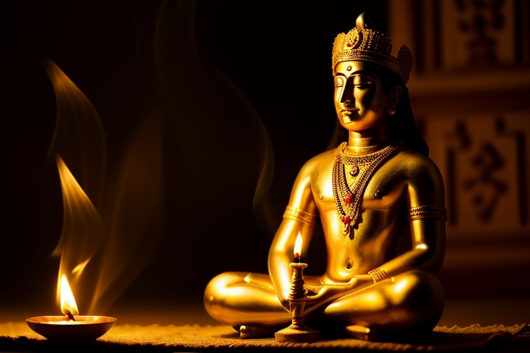 tamil king, divine, calm face, meditating, long shot, incense, 