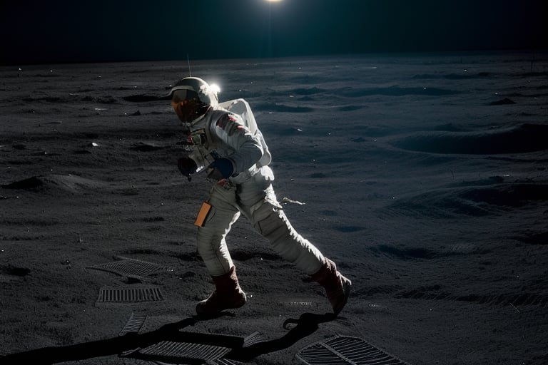 ancient indian warrior, space arnour, running on moon