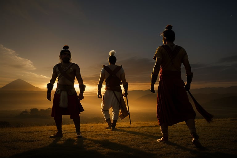 Ancient indian warriors, cinematic lighting, evening breeze