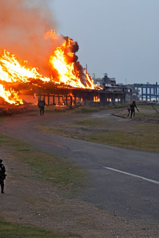 solo soldier, battle field, burning bridge in background