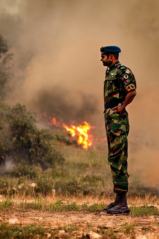 indian soldier, battlefield, burning  background, vintage look, sharp focus, view from ground level