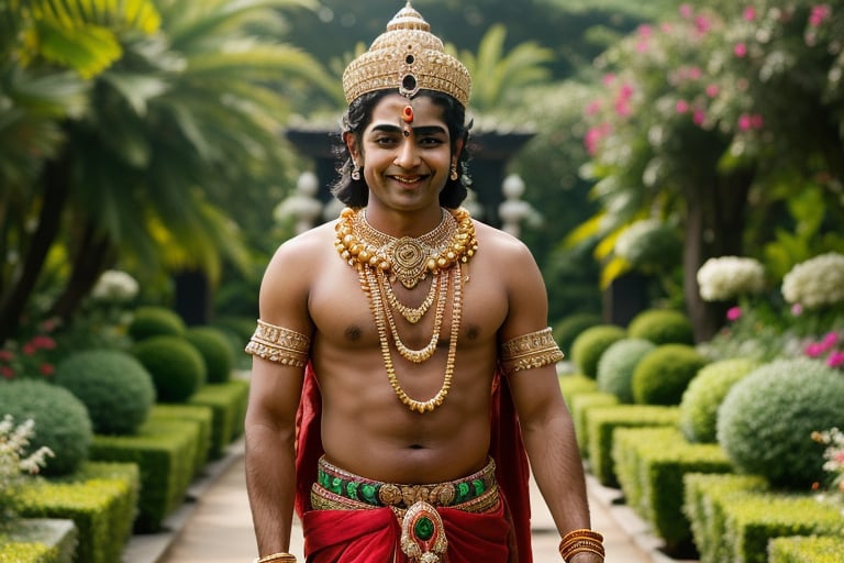 Male hindu god, Lord Krishna in childhood,  calm smiling face, heavy jewels, long shot, walking, garden