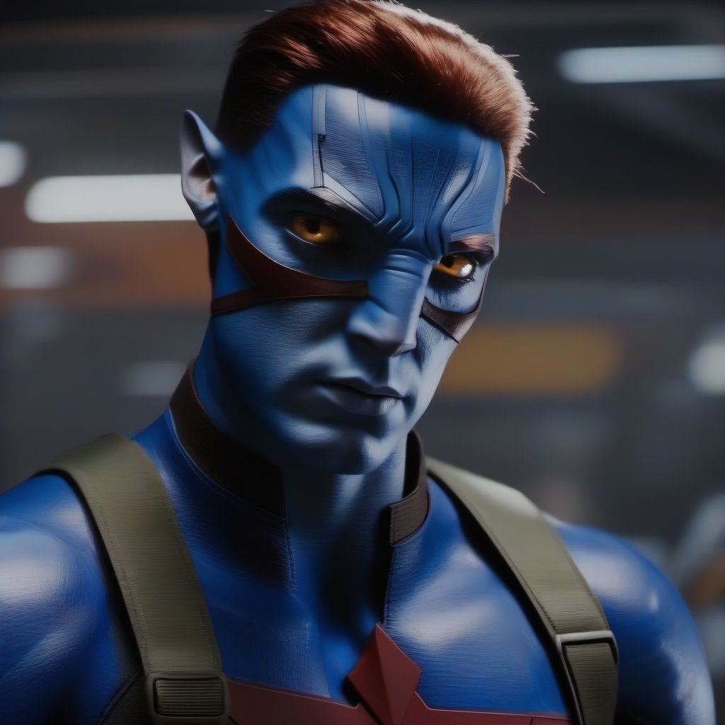 portrait photography shot of omaticaya man as captain america, avengers, orange eyes, high detailed, hdr, hq, 4k , short hair blue skin style:cinematic