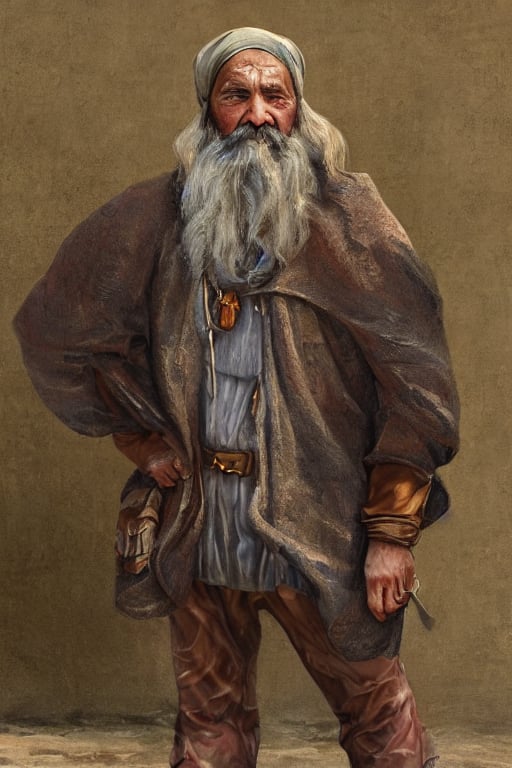 Portrait of a dwarven beggar in a Middle East-inspired fantasy city. He wears ragged clothes and no shoes. Full-body shot, highly detailed, character illustration, 8K.