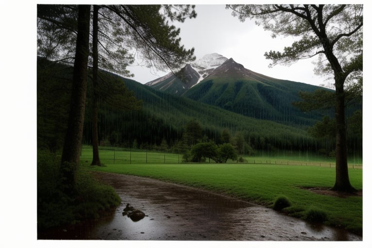 forest,rain, mild lighting, evening, mountain in background, camera angle from ground level