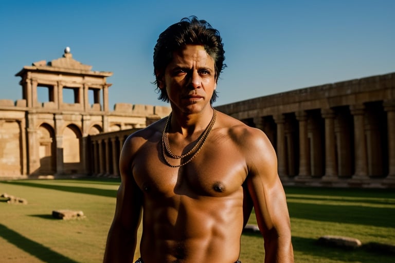 srk as an ancient warrior, evil smile, long shot,full view,palace background, guns