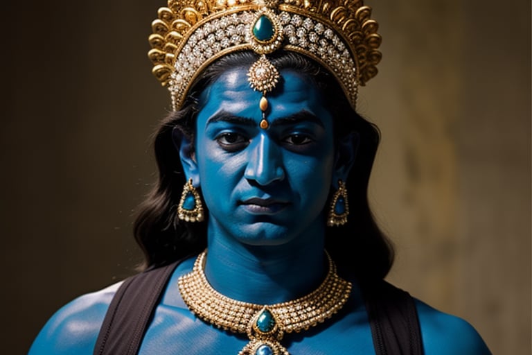 Male hindu god, Lord Krishna, blue skin, calm face, heavy jewels