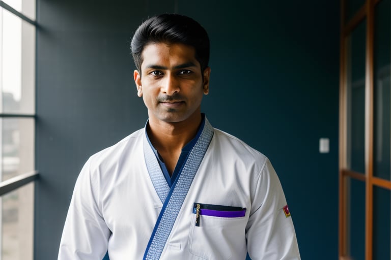 Indian martial artist in corporate attire, front view, long shot