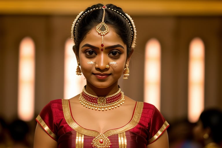 bharathanatyam dancers,clear face, detailed skin, front view, long shot