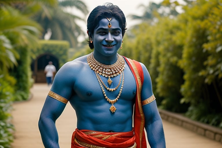 Male hindu god, Lord Krishna in childhood, blue skin, calm smiling face, heavy jewels, long shot, walking, garden