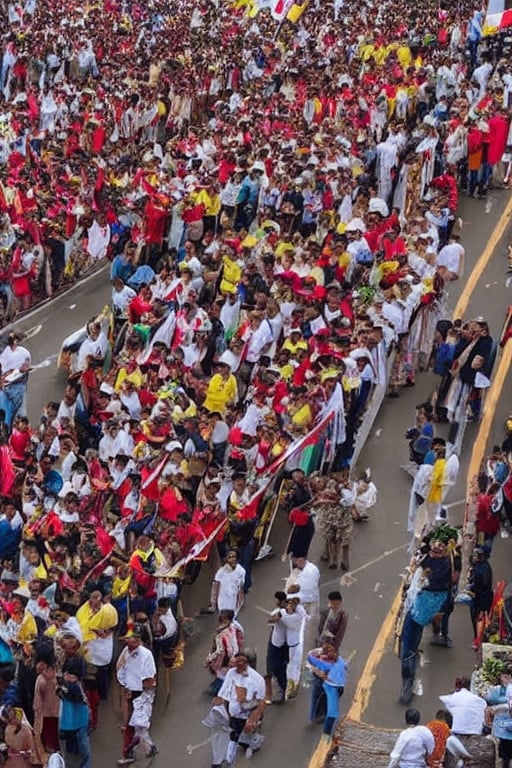 birds eye view of a procession, very large stone temple, hundreds of people in crowd,, tamil king with family on a chariot, people welcoming the king family