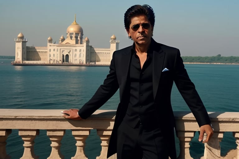 srk as chitti robot, evil smile, long shot,full view,palace background, guns