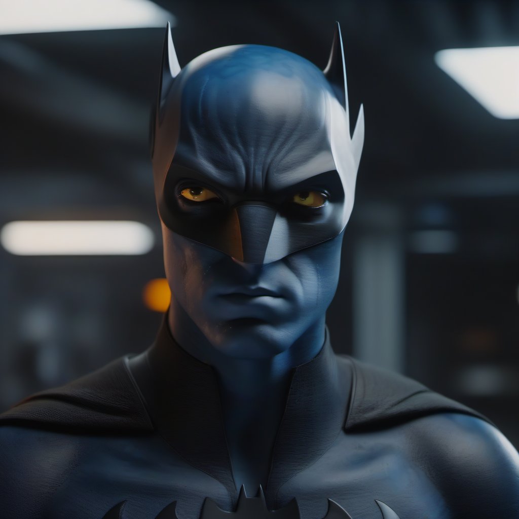 portrait photography shot of omaticaya man as batman, orange eyes, high detailed, hdr, hq, 4k , short hair blue skin style: bright cinematic lighting