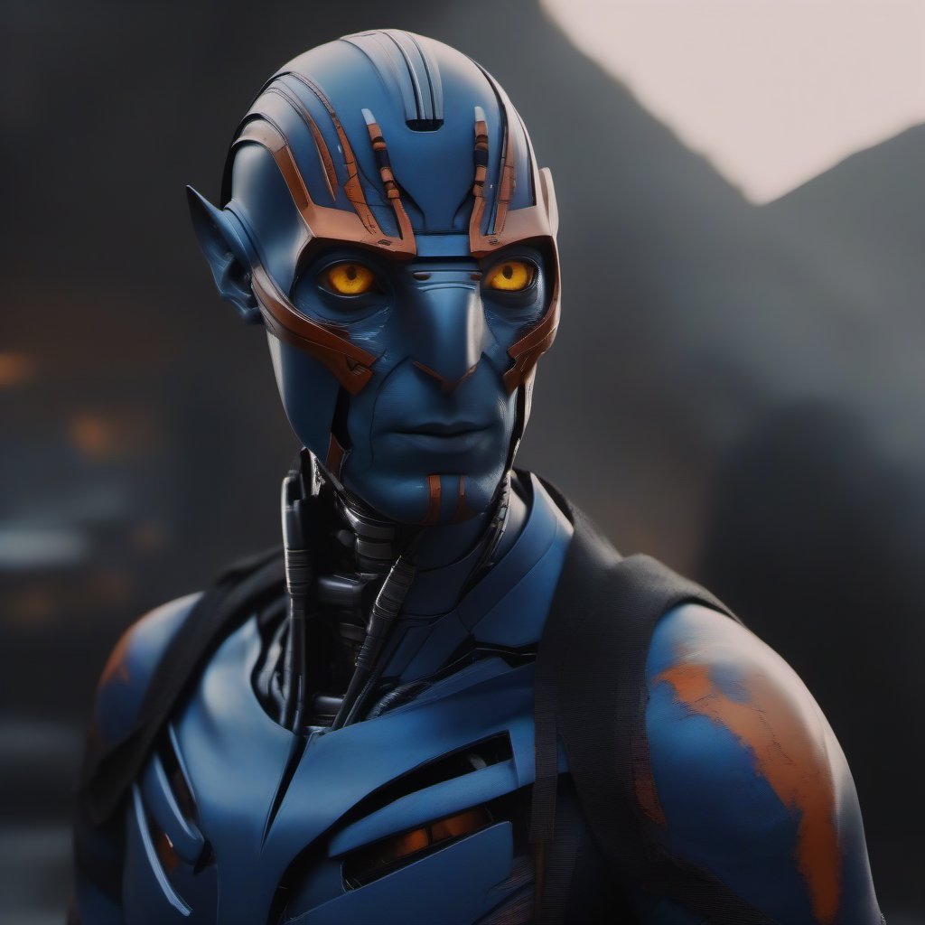 portrait photography shot of omaticaya man as ultron, orange eyes, high detailed, hdr, hq, 4k , blue skin, black cape, black mask, style: bright cinematic lighting