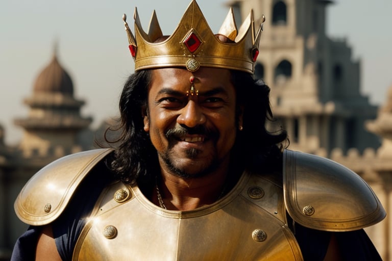 Rajnikanth as an ancient warrior, evil smile, long shot,full view, detailed face, detailed eyes, clear skin, palace background, full armour, crown