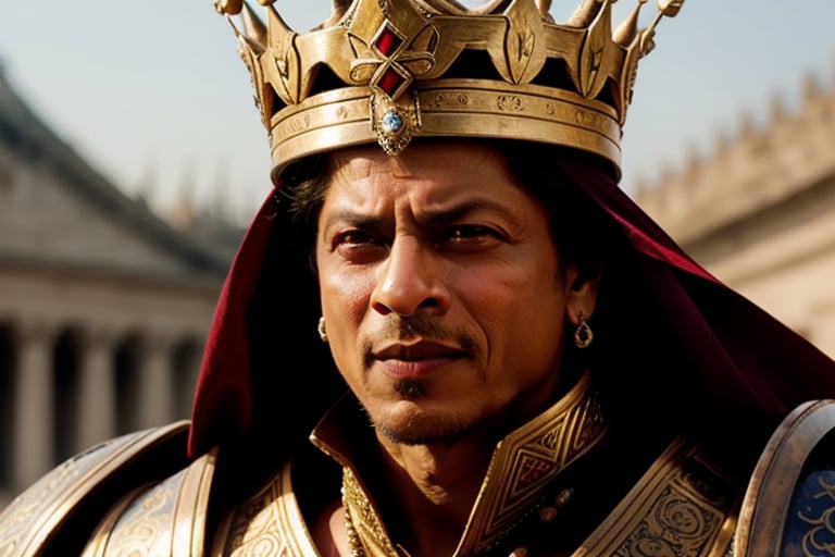 srk as an ancient warrior, evil smile, long shot,full view, detailed face, clear skin, palace background, full armour, crown